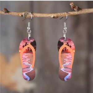 Earrings Summer Sunset Double Sided Wooden Flip Flop Dangle Pierced Beach